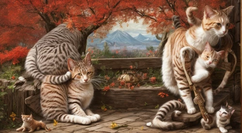 fall animals,cats playing,hunting scene,oktoberfest cats,autumn background,autumn idyll,felines,cat family,in the autumn,animals hunting,woodland animals,fantasy picture,felidae,bengal,two cats,vintage cats,autumn chores,the autumn,chinese pastoral cat,cat lovers,Game Scene Design,Game Scene Design,Japanese Magic