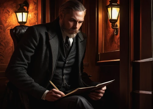 bram stoker,sherlock holmes,holmes,watchmaker,overcoat,rasputin,apothecary,thorin,the victorian era,deadwood,victorian style,luther,johannes brahms,frock coat,sherlock,tailor,pipe smoking,barrister,meticulous painting,robert harbeck,Conceptual Art,Fantasy,Fantasy 09