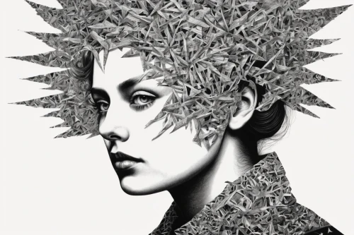 queen cage,tree crown,dryad,headdress,fashion illustration,fractals art,woman of straw,feather headdress,pencil art,headpiece,fantasy portrait,cell,shavings,digital artwork,head ornament,artemisia,geisha,the hat of the woman,distaff thistles,flora,Illustration,Black and White,Black and White 09