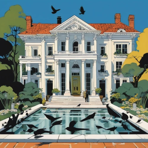 mansion,pool house,villa,house painting,reflecting pool,flock house,neoclassical,houses clipart,lilly pond,luxury property,dillington house,house of the sea,bendemeer estates,clue and white,house of cards,belvedere,house insurance,country estate,palace,swimming pool,Illustration,American Style,American Style 09