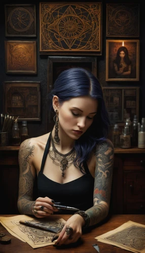 tattoo girl,watchmaker,tattoo artist,librarian,seamstress,metalsmith,gothic portrait,apothecary,tattoos,antiquariat,barmaid,fantasy portrait,divination,meticulous painting,clockmaker,mystical portrait of a girl,with tattoo,sphynx,tattoo expo,fantasy art,Illustration,Abstract Fantasy,Abstract Fantasy 09