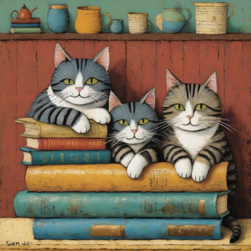vintage cats,two cats,cat lovers,carol colman,felines,cat's cafe,readers,cat family,cattles,books,carol m highsmith,cats,cats playing,cat portrait,book illustration,whimsical animals,bookend,cats on brick wall,vintage books,childrens books,Art,Artistic Painting,Artistic Painting 49