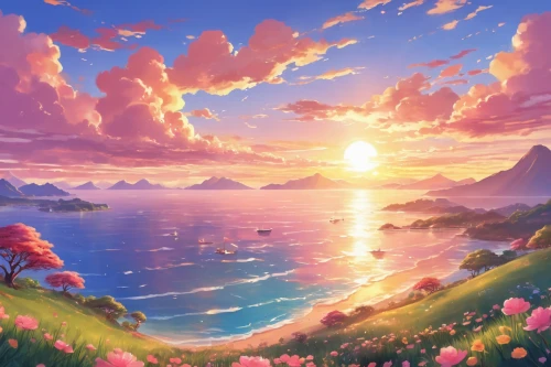 landscape background,an island far away landscape,fantasy landscape,sea landscape,coast sunset,mountain sunrise,ocean background,summer background,idyllic,coastal landscape,beautiful landscape,sea of flowers,delight island,full hd wallpaper,sun and sea,ocean,ocean view,mountain and sea,ocean paradise,beach landscape,Illustration,Japanese style,Japanese Style 01