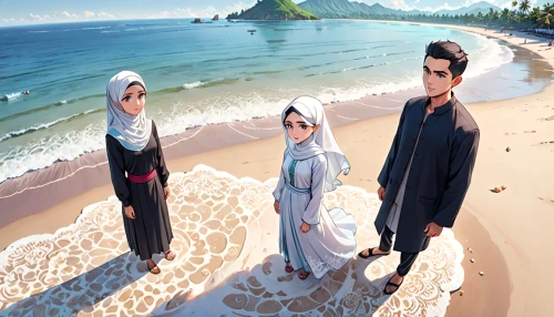 the people in the sea,mulberry family,island residents,sand road,white sand,island group,arrowroot family,exploration of the sea,abaya,game illustration,people on beach,sci fiction illustration,ramadan background,the shallow sea,on the shore,the dawn family,footprints in the sand,travelers,ramadhan,muslim background,Anime,Anime,General