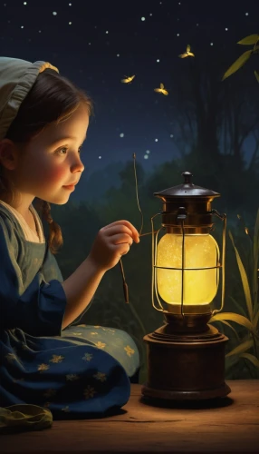 fireflies,children's fairy tale,fairy lanterns,the girl in nightie,firefly,children's background,little girl fairy,the little girl,little girl reading,lantern,a collection of short stories for children,night scene,the little girl's room,illuminated lantern,kids illustration,child fairy,fairy tale character,digital painting,fairy tales,vintage lantern,Art,Classical Oil Painting,Classical Oil Painting 07