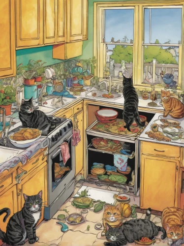mess in the kitchen,the kitchen,domestic cat,kitchen,kitchen cabinet,big kitchen,cat supply,kitchen counter,domestic animal,domestic life,dishes,cat cartoon,domestic,household,kitchen table,kitchen interior,cat family,vintage cats,cookery,kitchen stove,Illustration,American Style,American Style 03