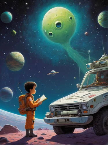 sci fiction illustration,moon car,plymouth voyager,gas planet,science fiction,science-fiction,orbiting,discovery,space voyage,astronomer,lost in space,lunar prospector,space art,planets,cosmos,extraterrestrial life,land rover discovery,heliosphere,valerian,sci fi,Illustration,Realistic Fantasy,Realistic Fantasy 05