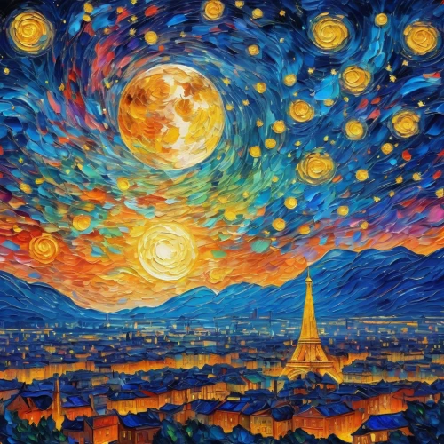 starry night,space art,moon and star background,paris,colorful stars,fireworks art,art painting,vincent van gogh,psychedelic art,the night sky,french digital background,vincent van gough,starscape,oil painting on canvas,night sky,eiffel,starry sky,the moon and the stars,eiffel tower,phase of the moon,Illustration,Realistic Fantasy,Realistic Fantasy 20