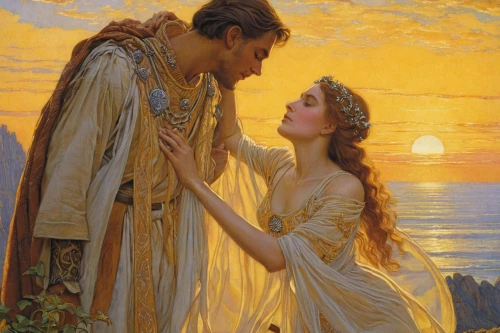 accolade,angel moroni,young couple,romantic scene,romantic portrait,emile vernon,idyll,courtship,amorous,shepherd romance,golden heart,lover's grief,king arthur,romance novel,prince and princess,thymelicus,serenade,camelot,orientalism,greek myth,Illustration,Retro,Retro 01