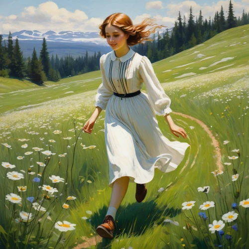 girl picking flowers,little girl in wind,girl in flowers,flying dandelions,dandelion meadow,picking flowers,spring meadow,summer meadow,meadow play,spring morning,meadows,field of flowers,springtime background,in the spring,chasing butterflies,meadow daisy,mayweed,daisies,girl in the garden,clover meadow,Art,Classical Oil Painting,Classical Oil Painting 12