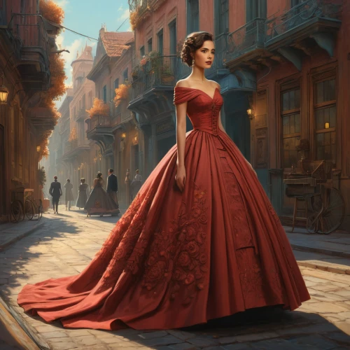 red gown,man in red dress,girl in a long dress,ball gown,lady in red,hoopskirt,victorian lady,a girl in a dress,evening dress,girl in a long dress from the back,cinderella,girl in a historic way,girl in red dress,overskirt,flamenco,red cape,woman walking,girl walking away,queen of hearts,romantic portrait,Illustration,Realistic Fantasy,Realistic Fantasy 28