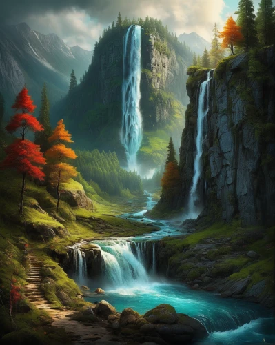 fantasy landscape,landscape background,wasserfall,brown waterfall,fantasy picture,waterfalls,water fall,waterfall,green waterfall,world digital painting,mountain stream,ilse falls,nature landscape,ash falls,falls of the cliff,mountain landscape,river landscape,bridal veil fall,water falls,falls,Illustration,Abstract Fantasy,Abstract Fantasy 01