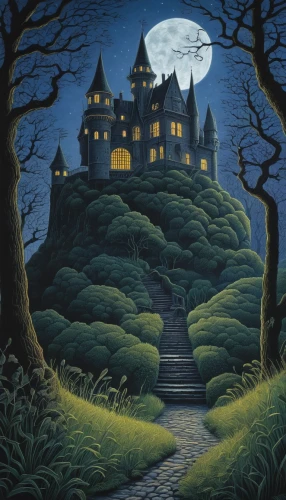 witch's house,haunted castle,fairy tale castle,ghost castle,the haunted house,magic castle,witch house,house in the forest,fairytale castle,haunted house,castle of the corvin,house silhouette,halloween poster,children's fairy tale,knight's castle,castle bran,fairy tale,halloween illustration,halloween scene,moonlit night,Illustration,Realistic Fantasy,Realistic Fantasy 11