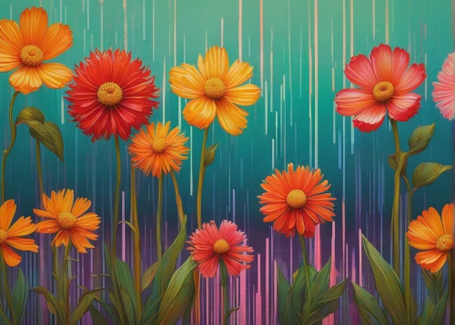 flower painting,flower background,gerbera daisies,wood daisy background,pink daisies,floral background,chrysanthemum background,floral digital background,blanket flowers,tulip background,daisies,springtime background,cartoon flowers,abstract flowers,african daisies,daisy flowers,colorful flowers,dahlias,marigolds,bright flowers,Illustration,Abstract Fantasy,Abstract Fantasy 17