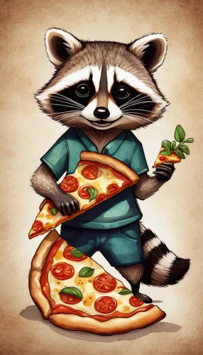 pizza service,rocket raccoon,raccoon,pizza supplier,north american raccoon,pizza,food icons,raccoons,pan pizza,pizzeria,the pizza,order pizza,slices,pizol,pizza hawaii,anthropomorphized animals,pizza topping,slice,slice of pizza,diet icon,Conceptual Art,Daily,Daily 34