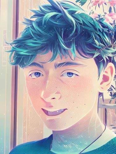 anime boy,edit icon,portrait background,blue green,tumblr icon,alm,boy,blue and green,teal digital background,malachite,green and blue,mc,male elf,hydrangea background,candy boy,cyan,the face of god,transparent background,digital background,cropped image,Common,Common,Japanese Manga