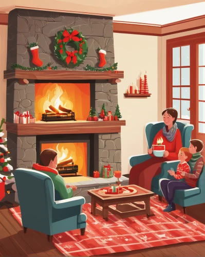 christmas fireplace,modern christmas card,christmas scene,opening presents,christmas banner,family room,christmas circle,christmas motif,christmas family,christmas mock up,retro christmas,christmas room,fireplace,christmas cards,yule log,warm and cozy,christmas wallpaper,fire place,children's christmas,fireside,Illustration,Paper based,Paper Based 01