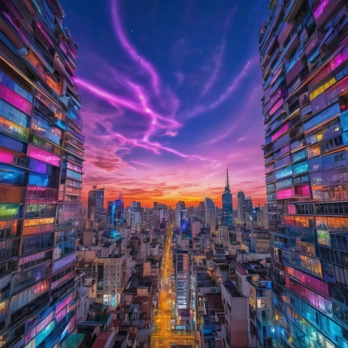 colorful city,bangkok,hong kong,shanghai,taipei,shinjuku,skyscrapers,tokyo,taipei 101,cityscape,skycraper,colorful light,cyberpunk,fantasy city,taiwan,south korea,sky apartment,tokyo city,hongkong,kuala lumpur,Illustration,Realistic Fantasy,Realistic Fantasy 20