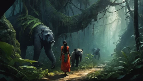 forest path,the mystical path,forest walk,the path,stroll,the wanderer,forest animals,jungle,mahout,monks,world digital painting,rwanda,forest of dreams,pilgrimage,wanderer,the forest,kerala,journey,exploration,elephants,Illustration,Abstract Fantasy,Abstract Fantasy 18