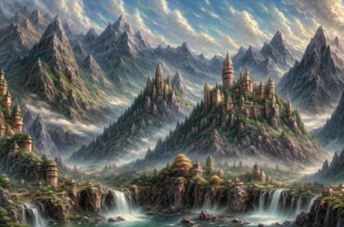 fantasy landscape,mountainous landscape,mountainous landforms,mountain landscape,elven forest,the landscape of the mountains,fantasy picture,mountain valleys,fantasy art,3d fantasy,mountain world,mountain settlement,mushroom landscape,mountain scene,karst landscape,giant mountains,fractal environment,volcanic landscape,mountain ranges,mountain plateau