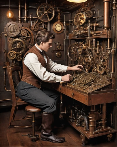 clockmaker,watchmaker,mechanical puzzle,old calculating machine,steampunk,scientific instrument,steampunk gears,organist,orrery,typing machine,potter's wheel,calculating machine,music box,tinsmith,projectionist,barrel organ,combination machine,craftsman,writing desk,engine room,Conceptual Art,Fantasy,Fantasy 25