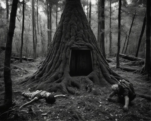 forest chapel,creepy tree,witch house,witch's house,the roots of trees,house in the forest,tree house,fairy house,holy forest,haunted forest,deforested,old-growth forest,forest tree,bushcraft,the grave in the earth,the forest fell,uprooted,the forest,treehouse,strange tree,Photography,Black and white photography,Black and White Photography 02