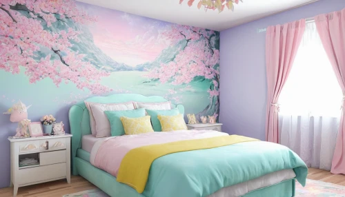 children's bedroom,baby room,the little girl's room,nursery decoration,flower wall en,canopy bed,kids room,bedroom,room newborn,japanese floral background,sleeping room,guest room,guestroom,wall sticker,great room,children's room,nursery,japanese-style room,pastel colors,flower fabric,Illustration,Japanese style,Japanese Style 18