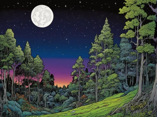 moonbow,cartoon forest,forest of dreams,cd cover,the northern lights,lunar landscape,phase of the moon,moonscape,purple moon,spruce forest,old-growth forest,forest landscape,the forests,northen lights,enchanted forest,shirakami-sanchi,background image,northern lights,swampy landscape,scene cosmic,Illustration,American Style,American Style 03