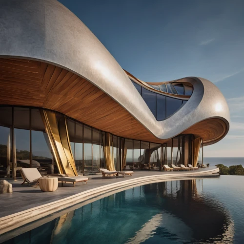 futuristic architecture,dunes house,luxury property,modern architecture,infinity swimming pool,jewelry（architecture）,pool house,holiday villa,luxury real estate,luxury home,jumeirah,modern house,house of the sea,house by the water,roof landscape,architecture,summer house,archidaily,floating island,arhitecture,Photography,General,Cinematic