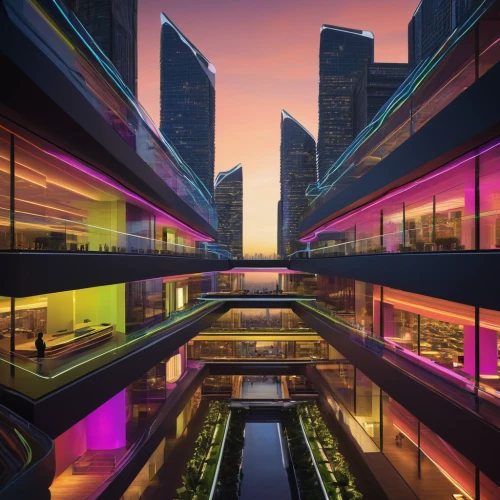 futuristic architecture,hong kong,futuristic art museum,colorful city,futuristic landscape,shanghai,harbour city,singapore,bangkok,dubai marina,cityscape,doha,kowloon,chongqing,apartment blocks,city scape,glass building,office buildings,fantasy city,colored lights,Photography,Artistic Photography,Artistic Photography 09