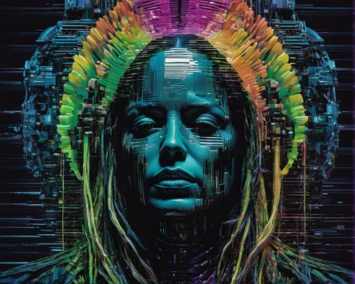 shamanic,native,native american,shaman,head woman,nerve,pachamama,tribal chief,echo,the american indian,indian headdress,psychedelic art,chief,cyborg,transcendence,tribal,queen cage,feather headdress,headdress,cyberpunk,Conceptual Art,Sci-Fi,Sci-Fi 02