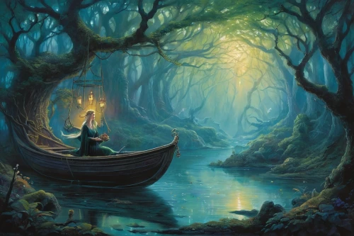 fantasy picture,boat landscape,rusalka,fantasy landscape,fantasia,adrift,elven forest,fishing float,fantasy art,enchanted,enchanted forest,jon boat,canoeing,long-tail boat,forest of dreams,canoe,a fairy tale,romantic scene,fjord,row boat,Conceptual Art,Fantasy,Fantasy 29