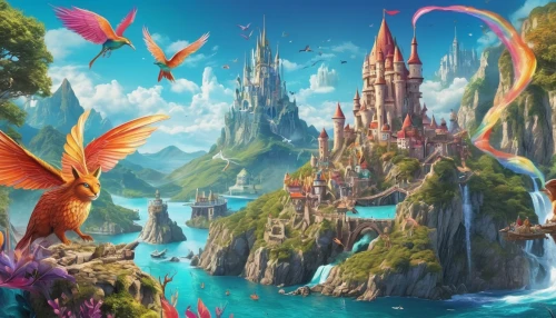 fairy world,fantasy world,3d fantasy,fantasy landscape,elves flight,fantasy city,fantasy picture,bird kingdom,fantasia,fairy village,fairy tale castle,fantasy art,children's background,bird bird kingdom,shanghai disney,dream world,butterfly background,diamond lagoon,flying island,lagoon,Illustration,Abstract Fantasy,Abstract Fantasy 13