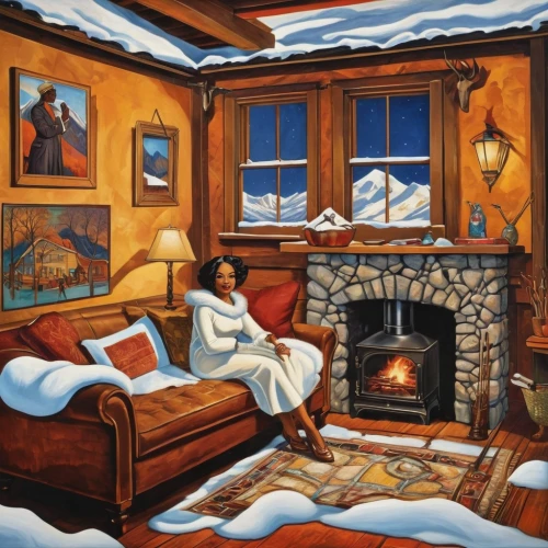 warm and cozy,snowed in,winter house,snow scene,snowhotel,david bates,warmth,christmas fireplace,christmas scene,christmas room,cozy,fireplace,snowy still-life,winter window,winter dream,christmas landscape,log fire,woman on bed,cottage,winter time,Illustration,Realistic Fantasy,Realistic Fantasy 21