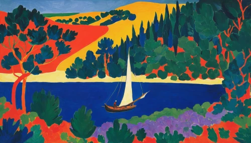 boat landscape,braque saint-germain,braque francais,olle gill,canoes,sailing boats,braque d'auvergne,sailboat,canoe,fjord,rowboats,sailing-boat,canoeing,sailboats,sailing boat,travel poster,regatta,midsummer,fjords,boats,Art,Artistic Painting,Artistic Painting 40