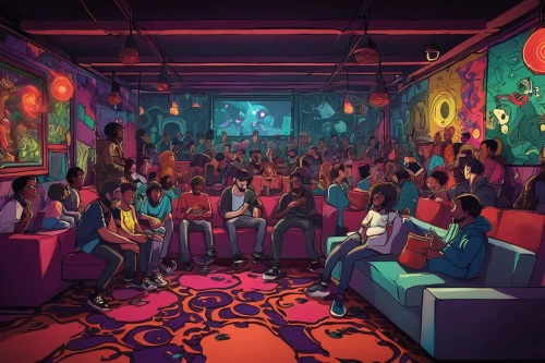 nightclub,music venue,movie theater,piano bar,orchestra,game room,cartoon video game background,movie palace,movie theatre,audience,cinema strip,playing room,concert crowd,dance club,cinema,backgrounds,concept art,great room,ufo interior,jazz club,Illustration,Paper based,Paper Based 27