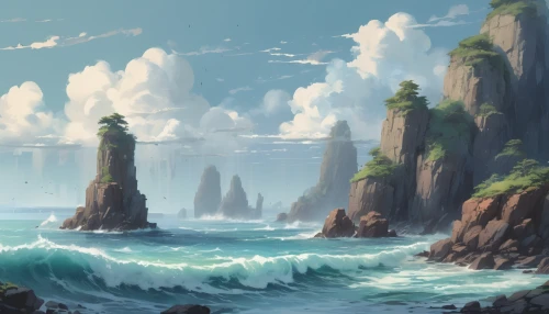 cliffs ocean,coastal landscape,an island far away landscape,sea landscape,sea stack,fantasy landscape,cliffs,sea-shore,coastline,imperial shores,emerald sea,seascape,the coast,islands,beach landscape,landscape background,sea caves,the endless sea,ocean background,island,Conceptual Art,Fantasy,Fantasy 01