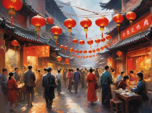 chinese lanterns,chinese art,china town,chinatown,hong kong cuisine,lanterns,dongfang meiren,chinese cuisine,oriental painting,kowloon,world digital painting,oriental,chinese background,shanghai,chinese new years festival,mid-autumn festival,china cny,chinese restaurant,dim sum,china,Conceptual Art,Oil color,Oil Color 03