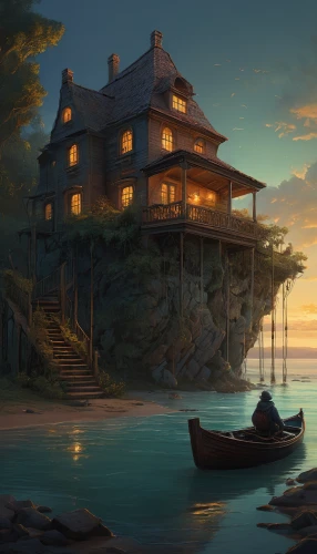 house by the water,fisherman's house,summer cottage,house with lake,floating huts,fisherman's hut,boathouse,houseboat,house of the sea,cottage,boat house,fishing village,wooden house,seaside resort,monkey island,lonely house,summer evening,floating island,boat shed,treasure house,Illustration,Realistic Fantasy,Realistic Fantasy 28