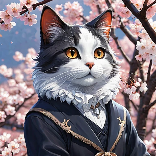 japanese sakura background,flower cat,blossom kitten,sakura background,chinese pastoral cat,napoleon cat,spring background,sakura blossom,springtime background,cat kawaii,imperial coat,portrait background,felidae,the cherry blossoms,cat,cherry blossoms,sakura blossoms,cat vector,cat image,samurai,Illustration,Japanese style,Japanese Style 14