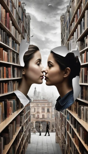 women's novels,girl kiss,conceptual photography,parallel worlds,photo manipulation,whispering,readers,publish a book online,photoshop manipulation,sci fiction illustration,open book,novels,amorous,photomontage,books,dualism,read-only memory,bookstore,bookshop,photomanipulation,Photography,Artistic Photography,Artistic Photography 06