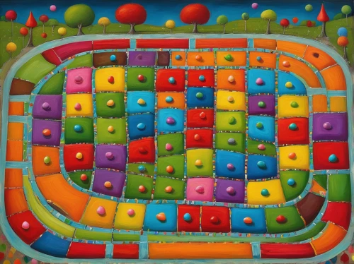 parcheesi,candy crush,playing field,maze,playmat,race track,jigsaw puzzle,fruit fields,raceway,board game,play yard,racetrack,vegetables landscape,number field,ball track,100x100,oil on canvas,football field,soccer field,circles,Art,Artistic Painting,Artistic Painting 02