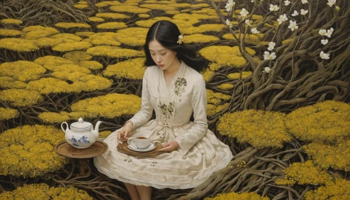 girl in the garden,girl in flowers,girl picking flowers,girl lying on the grass,yellow grass,chamomile in wheat field,girl with dog,yellow garden,daffodils,girl with bread-and-butter,marguerite,daffodil field,junshan yinzhen,grant wood,girl with a wheel,camomile,field of flowers,lily of the field,blooming field,jane austen,Illustration,Realistic Fantasy,Realistic Fantasy 09