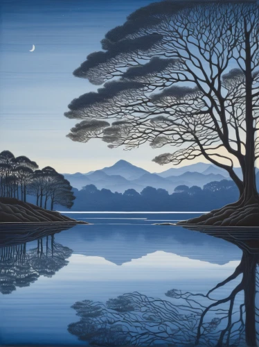 landscape background,coastal landscape,blue hour,an island far away landscape,sea landscape,loch,waterscape,reflections in water,river landscape,seascape,natural landscape,landscapes,water reflection,carol colman,moonlit night,calm water,blue painting,beach landscape,reflection in water,evening lake,Illustration,Realistic Fantasy,Realistic Fantasy 11