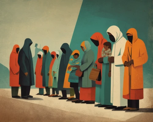 contemporary witnesses,monks,pilgrims,burqa,nativity,pentecost,disciples,orange robes,praying woman,orphans,procession,muslim woman,afar tribe,hijab,nativity of jesus,nuns,migrants,muslima,refugees,unity in diversity,Conceptual Art,Daily,Daily 20