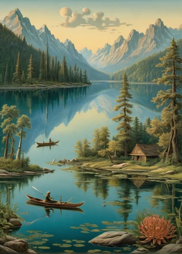 salt meadow landscape,landscape background,lake mcdonald,high mountain lake,mountain lake,alpine lake,maligne lake,mountainlake,nature landscape,heaven lake,natural landscape,mountain scene,mountainous landscape,coastal landscape,spruce forest,glacial lake,fantasy landscape,emerald lake,yukon territory,river landscape,Illustration,Retro,Retro 24