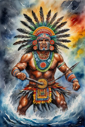 aztec,sea god,god of the sea,poseidon,poseidon god face,indigenous painting,aztecs,shamanic,tribal chief,shamanism,el mar,pachamama,chief cook,maya civilization,chief,red chief,sea man,red cloud,mariner,oil painting on canvas,Illustration,Paper based,Paper Based 24