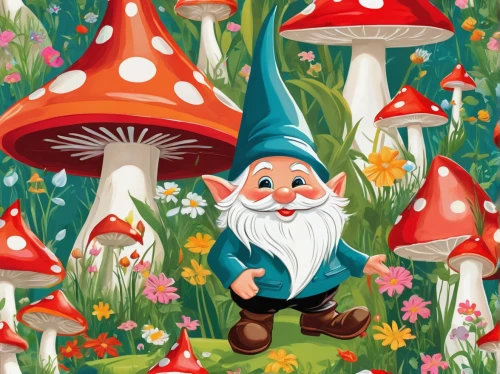 gnomes,scandia gnomes,mushroom landscape,scandia gnome,garden gnome,gnome,agaric,gnomes at table,toadstools,mushrooming,forest mushroom,gnome and roulette table,club mushroom,mushrooms,fairy forest,cartoon forest,fairy village,fly agaric,medicinal mushroom,mushroom,Illustration,Retro,Retro 12