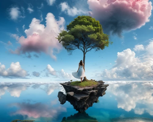 floating island,isolated tree,fantasy picture,lone tree,fantasy landscape,landscape background,photo manipulation,dream world,wonderland,floating islands,world digital painting,3d fantasy,island suspended,photomanipulation,creative background,fairy chimney,cloud image,floating over lake,mother earth,fairy world,Photography,General,Natural