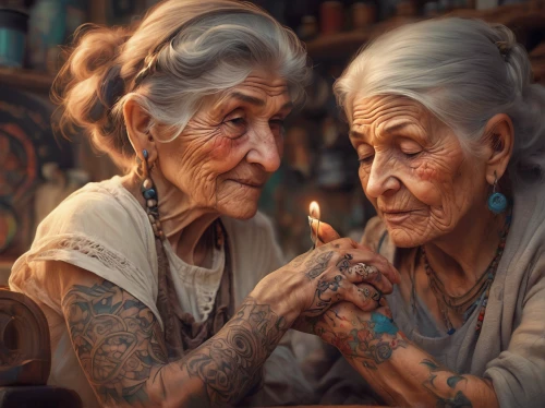 old couple,tattoos,tattoo artist,elderly people,grandparents,care for the elderly,pensioners,old age,retirement home,elderly,aging,grandmother,romantic portrait,vintage man and woman,tattoo girl,grandparent,tattooed,respect the elderly,vintage boy and girl,photo manipulation,Conceptual Art,Fantasy,Fantasy 01